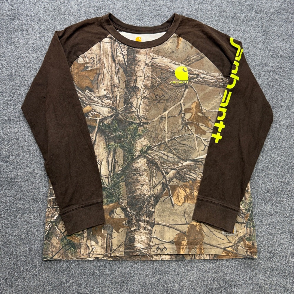 Carhartt Kids RealTree Camo Long Sleeve Raglan T-Shirt Brown Neon Yellow L 14/16